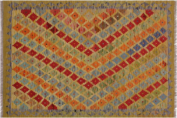 Flat Weave Kilim, Antique, Navaho, Vintage, Handmade, Modern Kilim Gold Gray Hand-Woven Rectangle 100% Wool Area Rug 3 x 5